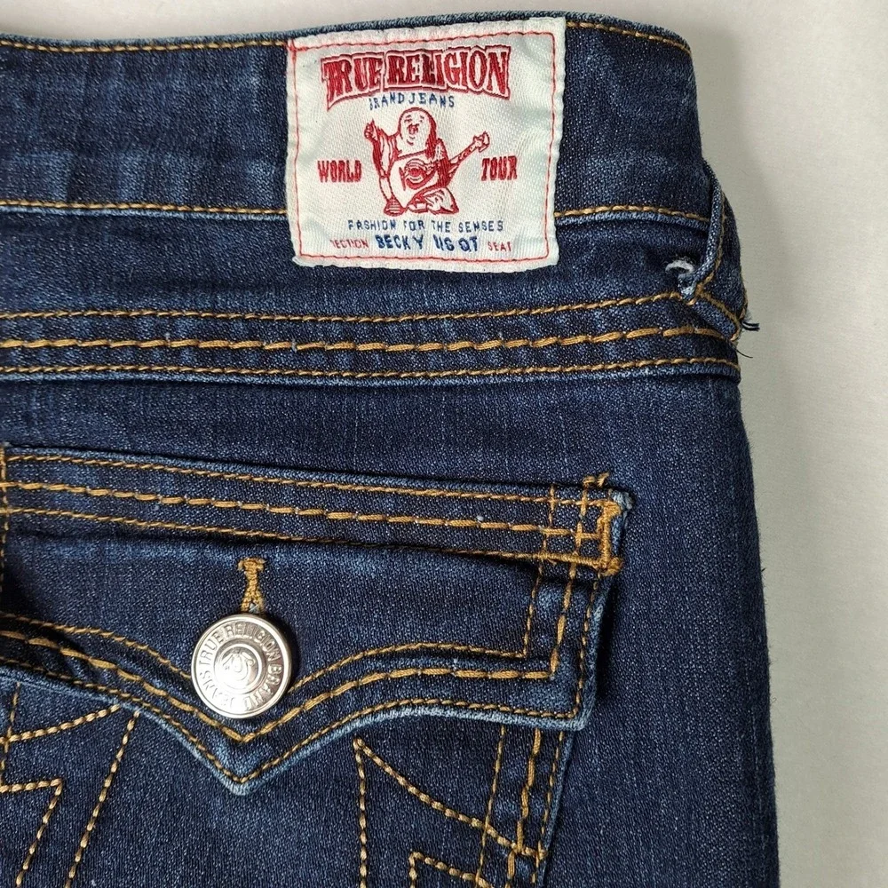 True Religion Becky Big QT Jeans Women 32 Blue Bootcut Contrast Stitch Dark Wash